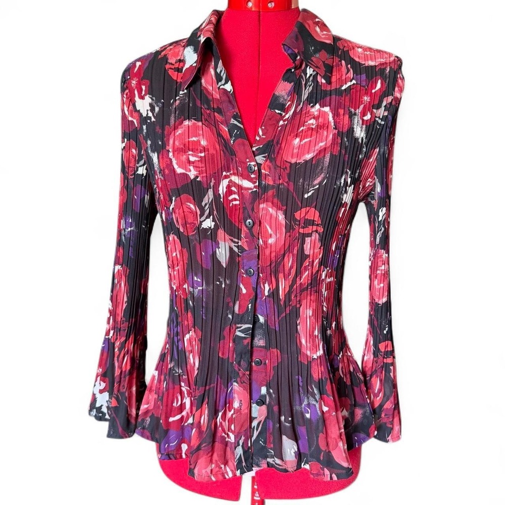 vintage Bethany semi-sheer red, black, purple floral pleated blouse bell sleeves